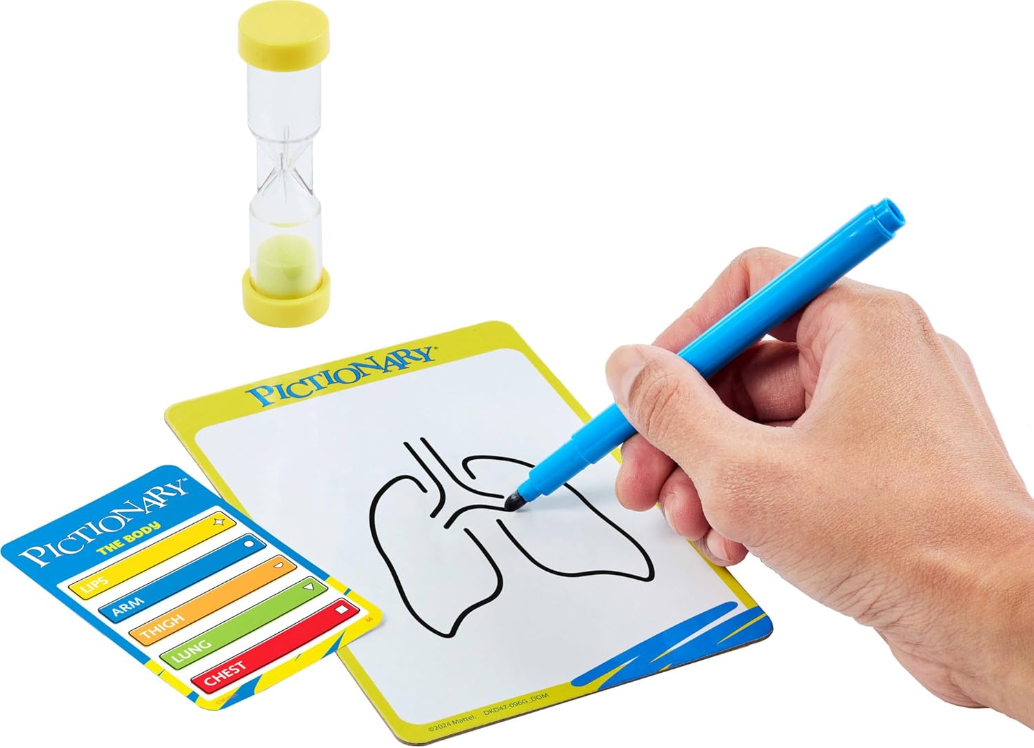 Mattel Games Pictionary Family Board Game for Kids, Adults and Game Night for 2 Teams with Erasable Markers, Boards and Sand Timer