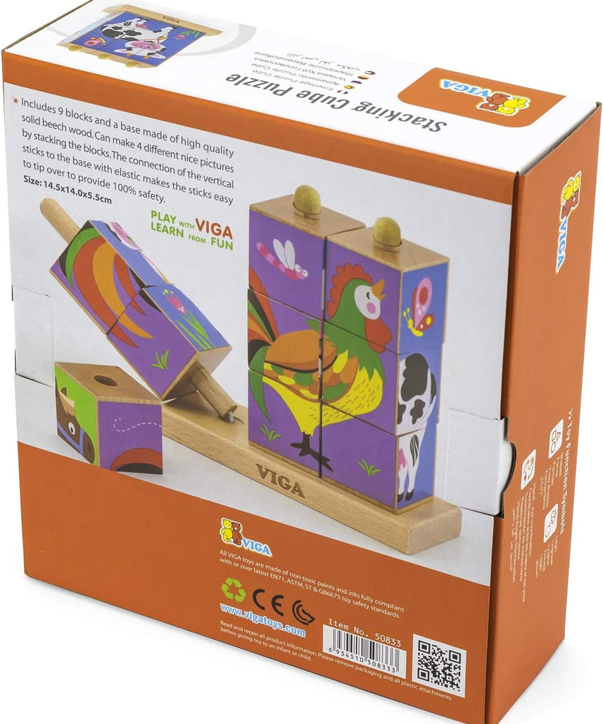 لعبة مكعبات فيجا فارم أنيملز، مكونة من 9 قطع، لعبة مونتيسوري الخشبية، تنمي المهارات الحسية والإدراكية والحركية الدقيقة، غير سامة وصديقة للبيئة، مناسبة للأولاد والبنات من عمر سنتين فما فوق