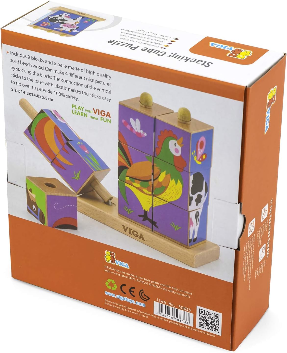 لعبة مكعبات فيجا فارم أنيملز، مكونة من 9 قطع، لعبة مونتيسوري الخشبية، تنمي المهارات الحسية والإدراكية والحركية الدقيقة، غير سامة وصديقة للبيئة، مناسبة للأولاد والبنات من عمر سنتين فما فوق