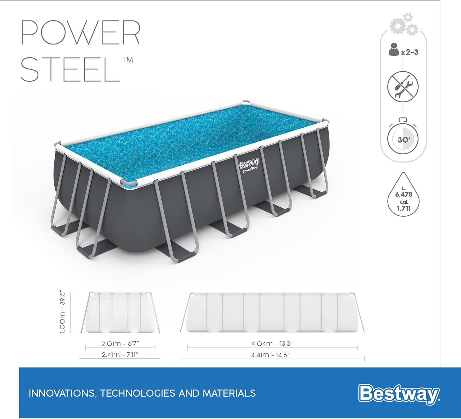 Bestway Rectangular Pool Set 13'3" x 6'7" x 39.5" (4.04m x 2.01m x 1m) – Heavy-Duty Family Swimming Pool, Grey, Ages 18+