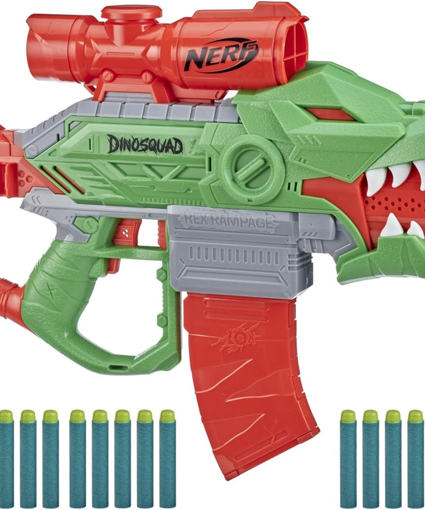 مسدس سهام نيرف دينو سكواد ريكس-رامبيج الآلي، مشبك سهام بعشرة سهام، ٢٠ سهم نيرف رسمي، تخزين لعشرة سهام، تصميم ديناصور تي ريكس، متعدد الألوان