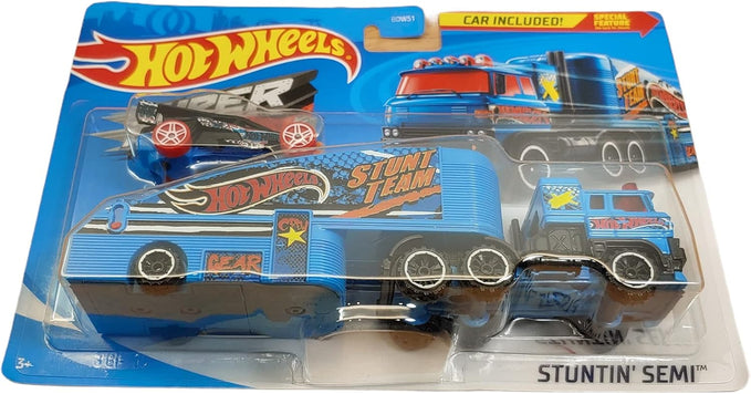 DieCast Hotwheels Stuntin' Semi Vehicle (Blue) Detachable Trailer, car Included