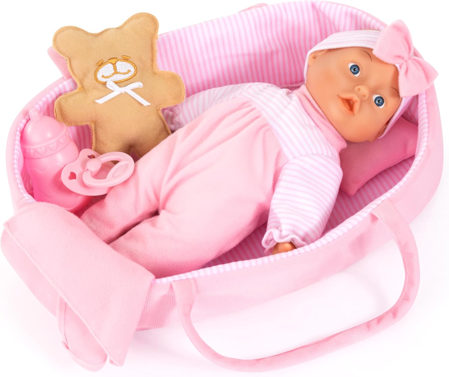 Bayer Baby Doll Basket Set 28cm with Soft Doll, Carrier, Blanket, Pillow, Bottle, Teddy, Role Play Toy for Kids, 3Y+ Years