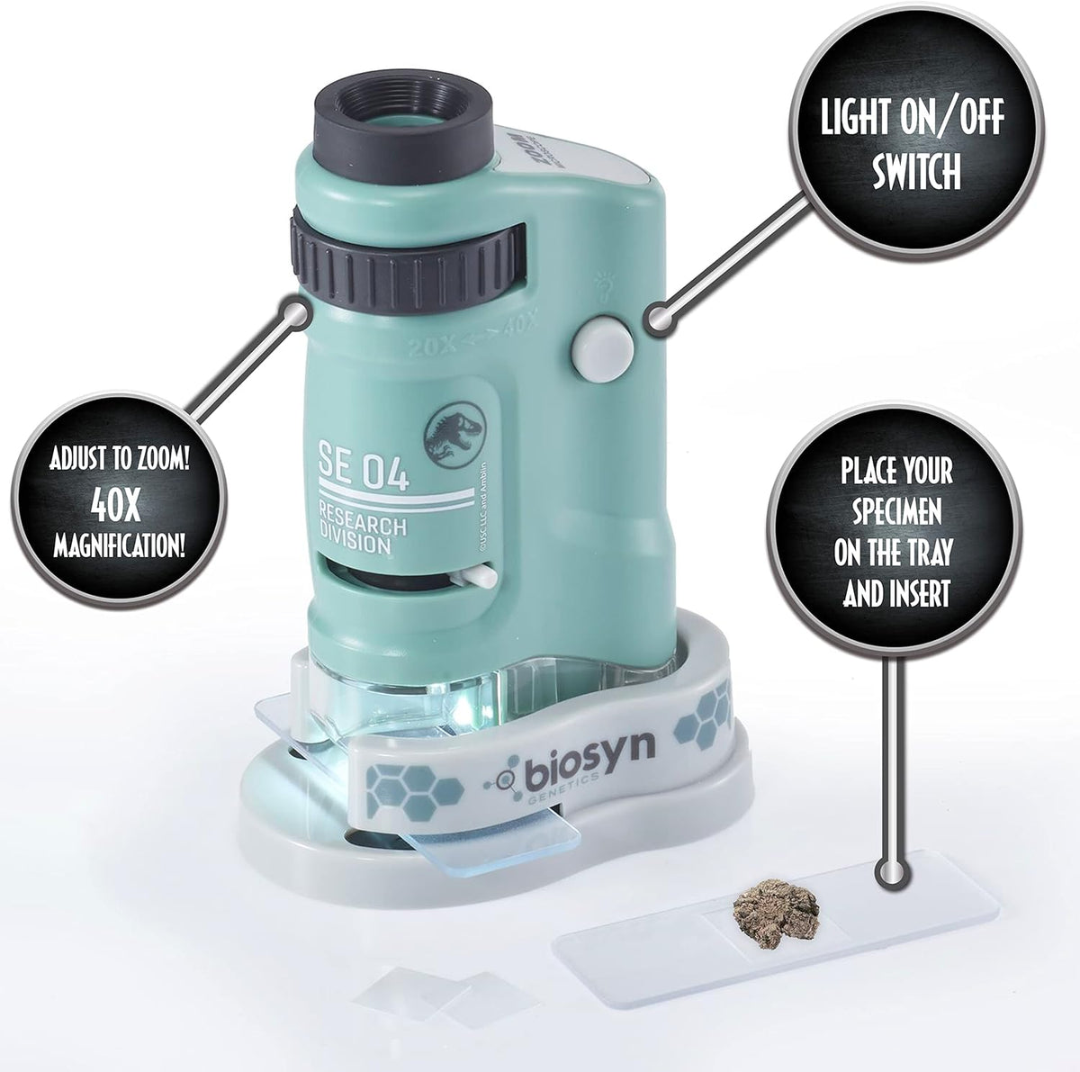 مجموعة مستكشف مجهر دومينيون من عالم جوراسيك، تكبير 40 ضعفًا مع إضاءة LED، وملصقات، ودليل لآثار الديناصورات للأطفال