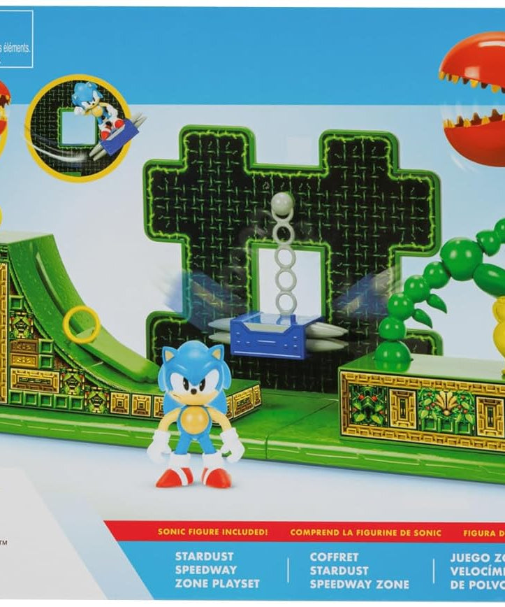 مجموعة ألعاب سونيك القنفذ ستارداست سبيدواي زون، مقاس 2.5 بوصة، شخصية سونيك الكلاسيكية، منصات تفاعلية للمنحدرات والمسامير، قطع بيئية قابلة للتجميع، شاشة قابلة للتخصيص، تعمل بالطاقة للأطفال، لا تحتاج إلى بطاريات، جاكس باسيفيك