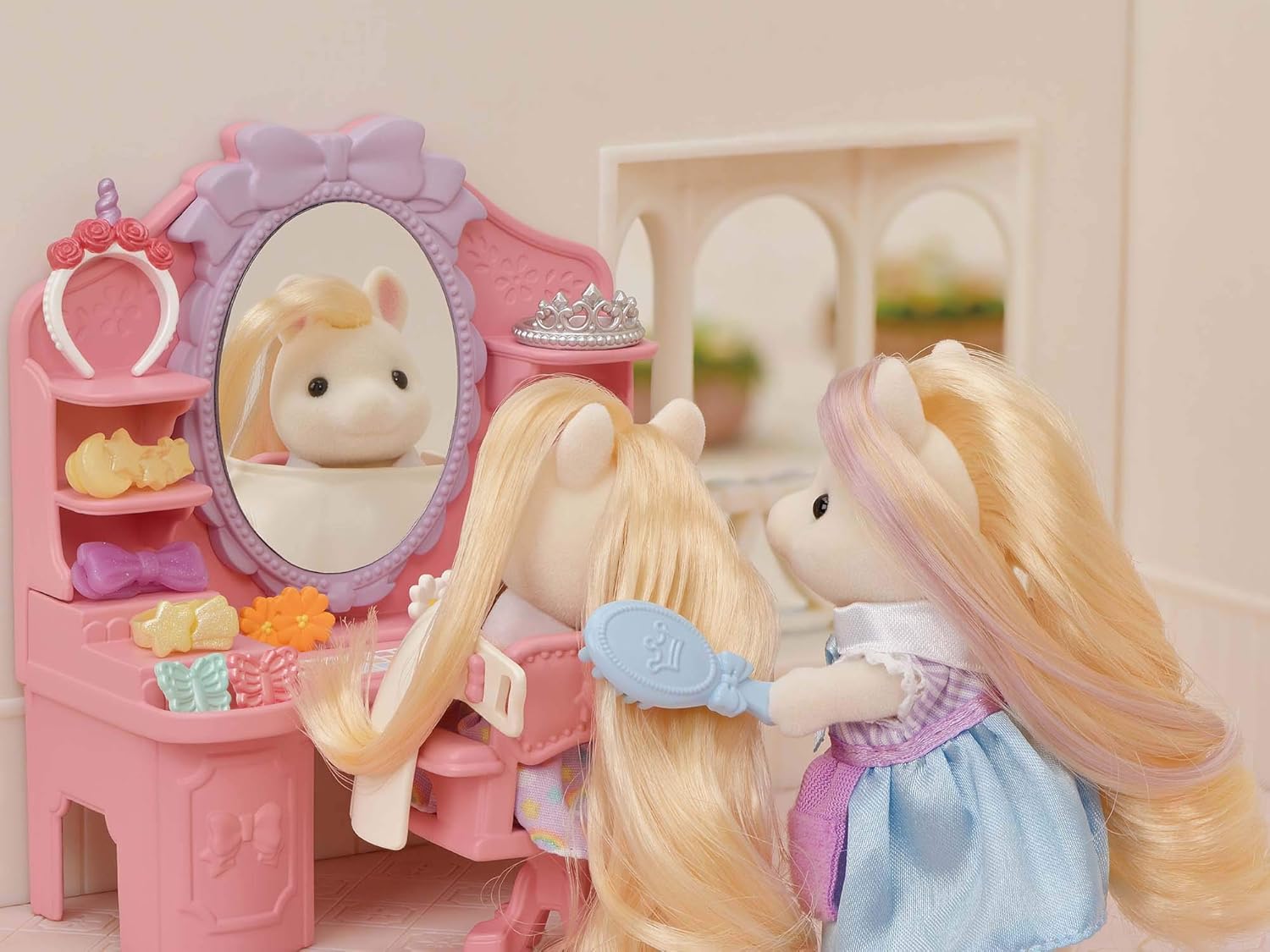 Sylvanian Families Pony's Stylish Hair Salon Set (5642) – 2-Story Salon with Sally Pony Figure, Hair Accessories, Styling Book, Dresser & Shampoo Basin – Educational Role-Playing Toy for Ages 3+