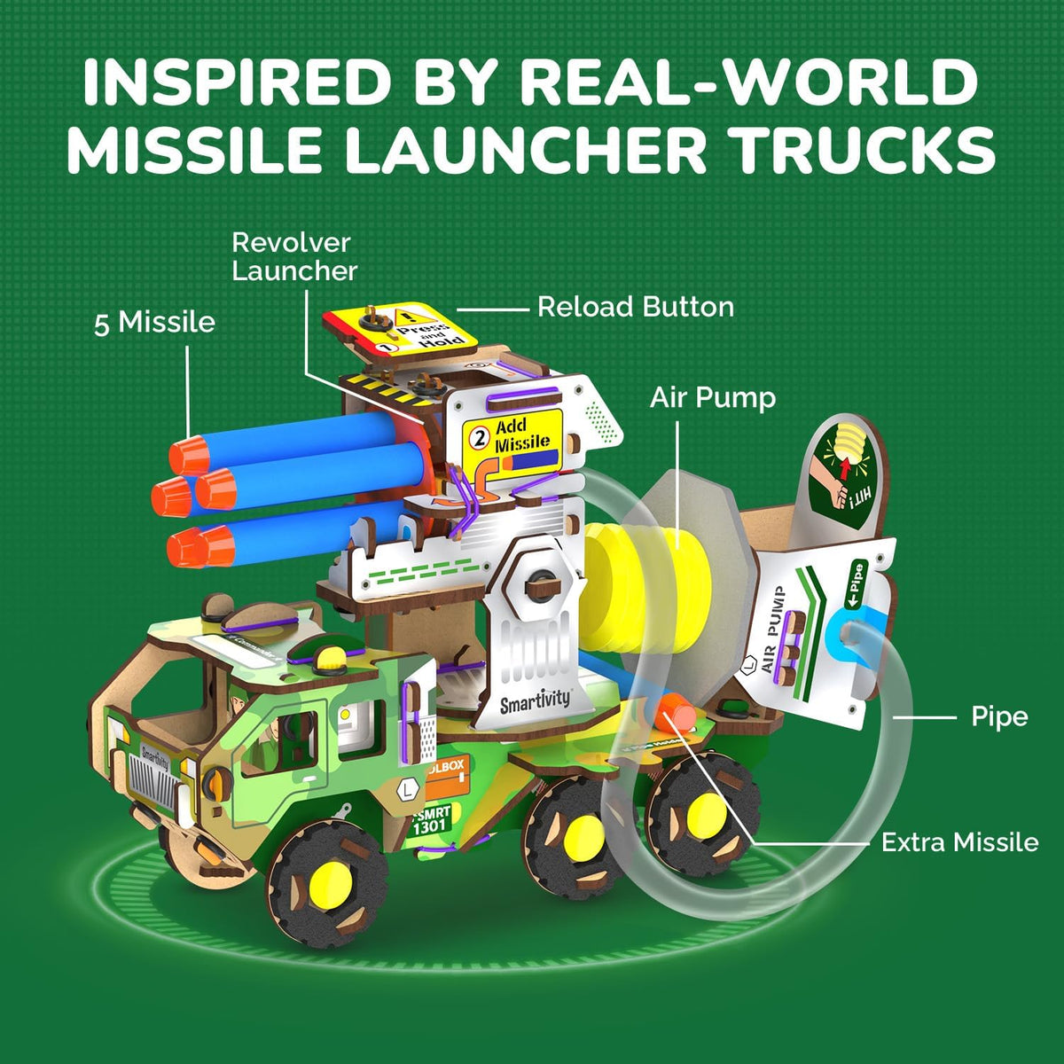 Smartivity DIY Missile Truck for Kids | Build Your Own Military Vehicle with Air-Powered 360° Rotating Launcher & 5 Foam Missiles | STEM Engineering Toy | Birthday Gift Boys & Girls 8 9 10 11 12 13 14