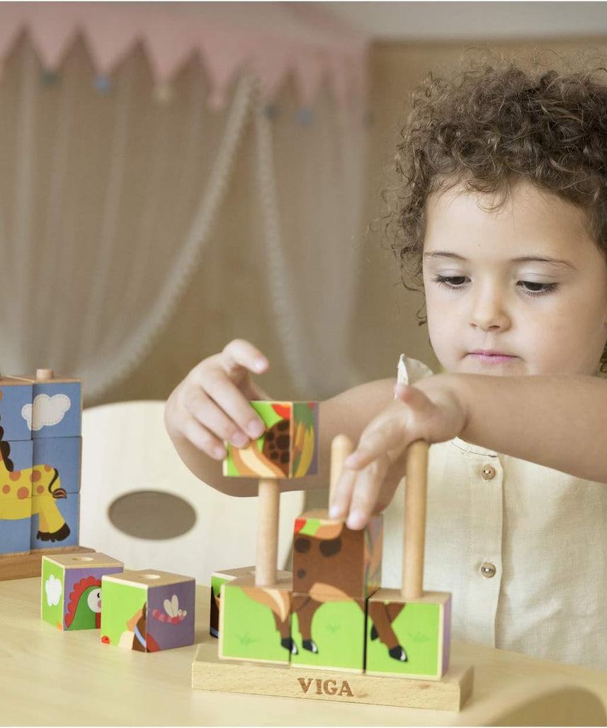 لعبة مكعبات فيجا فارم أنيملز، مكونة من 9 قطع، لعبة مونتيسوري الخشبية، تنمي المهارات الحسية والإدراكية والحركية الدقيقة، غير سامة وصديقة للبيئة، مناسبة للأولاد والبنات من عمر سنتين فما فوق