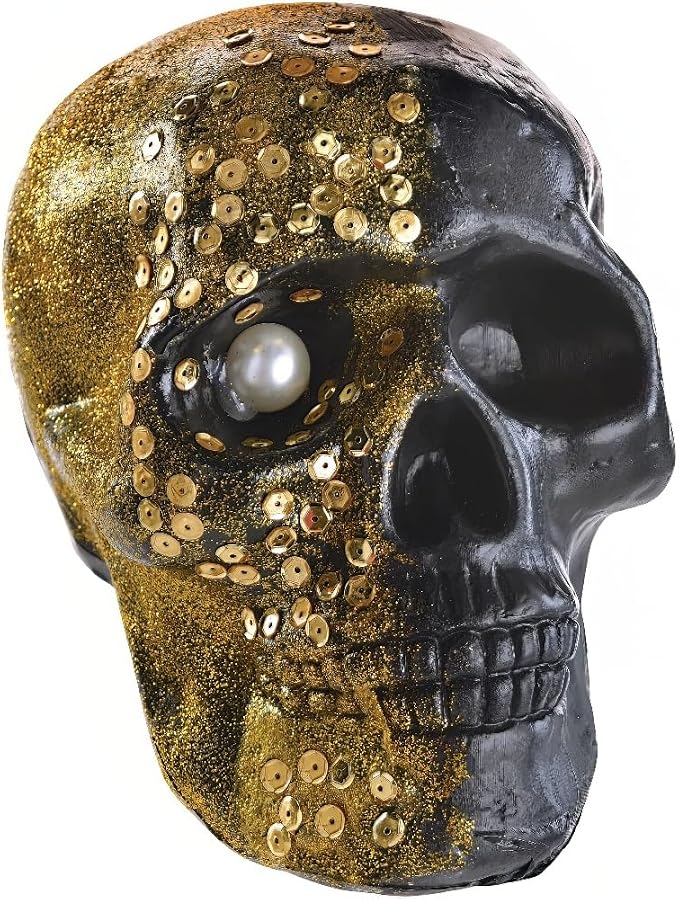 Striking Black & Gold Glam Boneyard Skull - 6" x 8" (1 Pc.) - Creepy Chic Decorative Piece - Perfect for Halloween