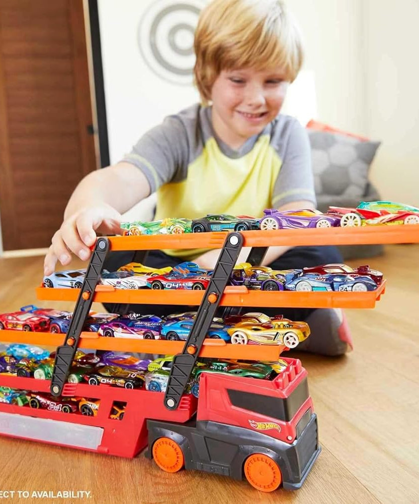 منصة نقل سيارات Hot Wheels LSV Mega Hauler Rig متعددة المستويات، تتسع لما يصل إلى 50 سيارة، متصلة بمسارات Hot Wheels، تتضمن منحدرًا ومساحة تخزين، ألعاب أطفال من سن 4 سنوات فما فوق