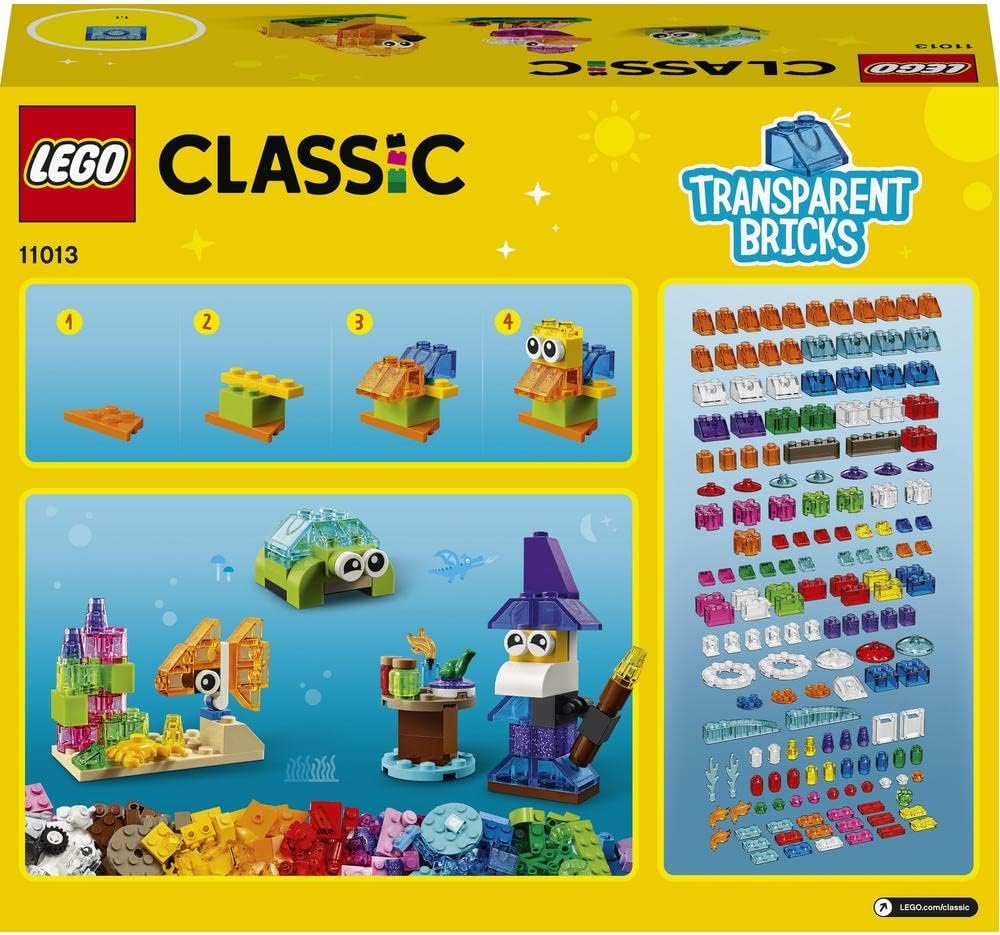 LEGO Classic Creative Transparent Bricks Building Set with Animal Figures including Lion and Turtle Toys, Gifts for 4 Plus Year Old Kids, Girls & Boys 11013
