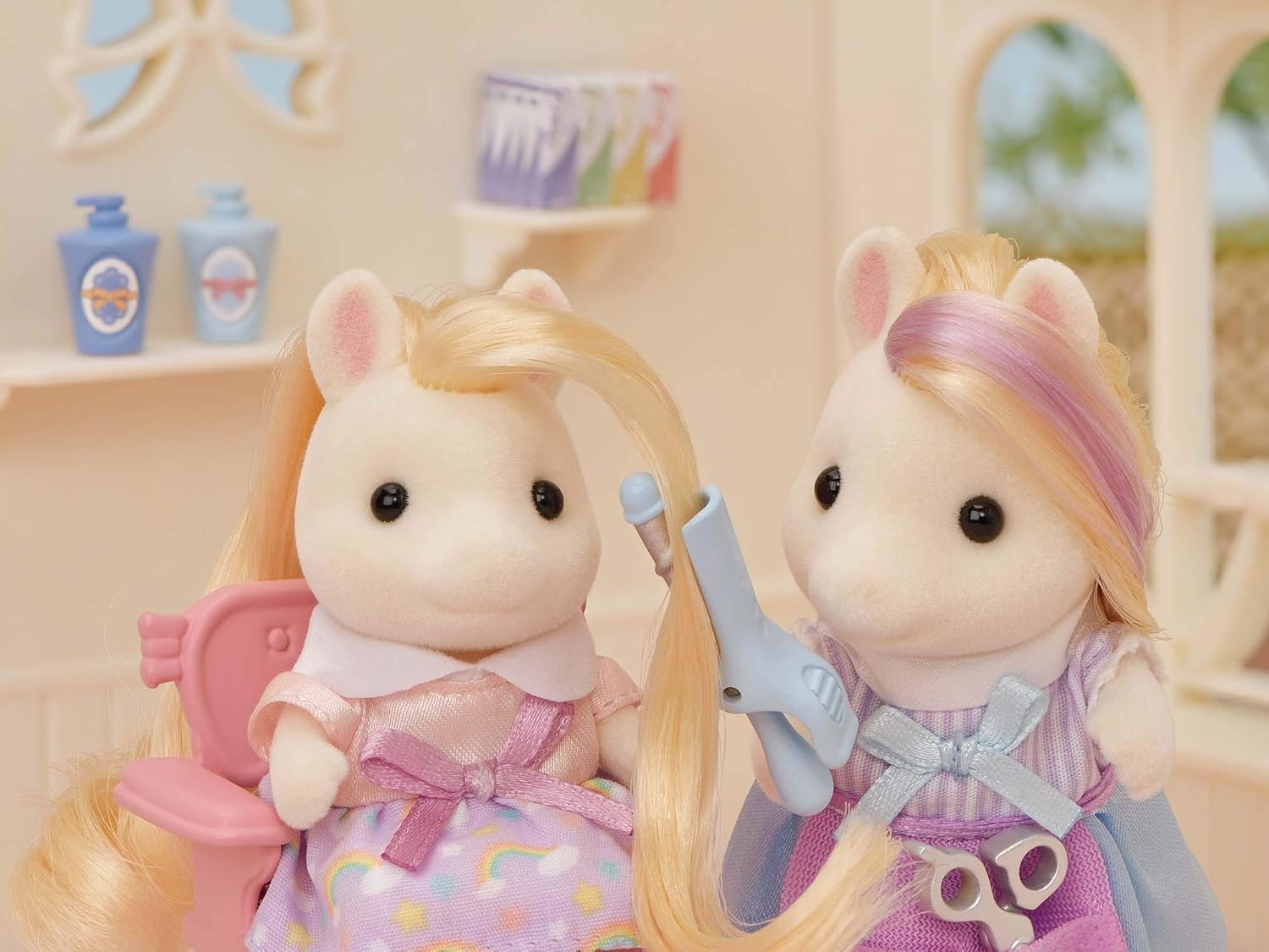 Sylvanian Families Pony's Stylish Hair Salon Set (5642) – 2-Story Salon with Sally Pony Figure, Hair Accessories, Styling Book, Dresser & Shampoo Basin – Educational Role-Playing Toy for Ages 3+