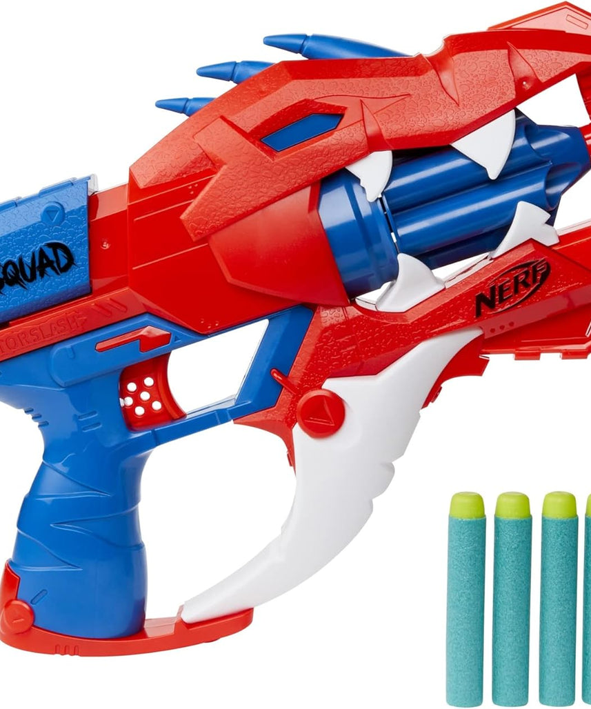 Nerf DinoSquad Raptor-Slash Dart Blaster, 6-Dart Rotating Drum, Slam-Fire Action, 6 Official Nerf Elite Darts, Velociraptor Dinosaur Design, Multicolour