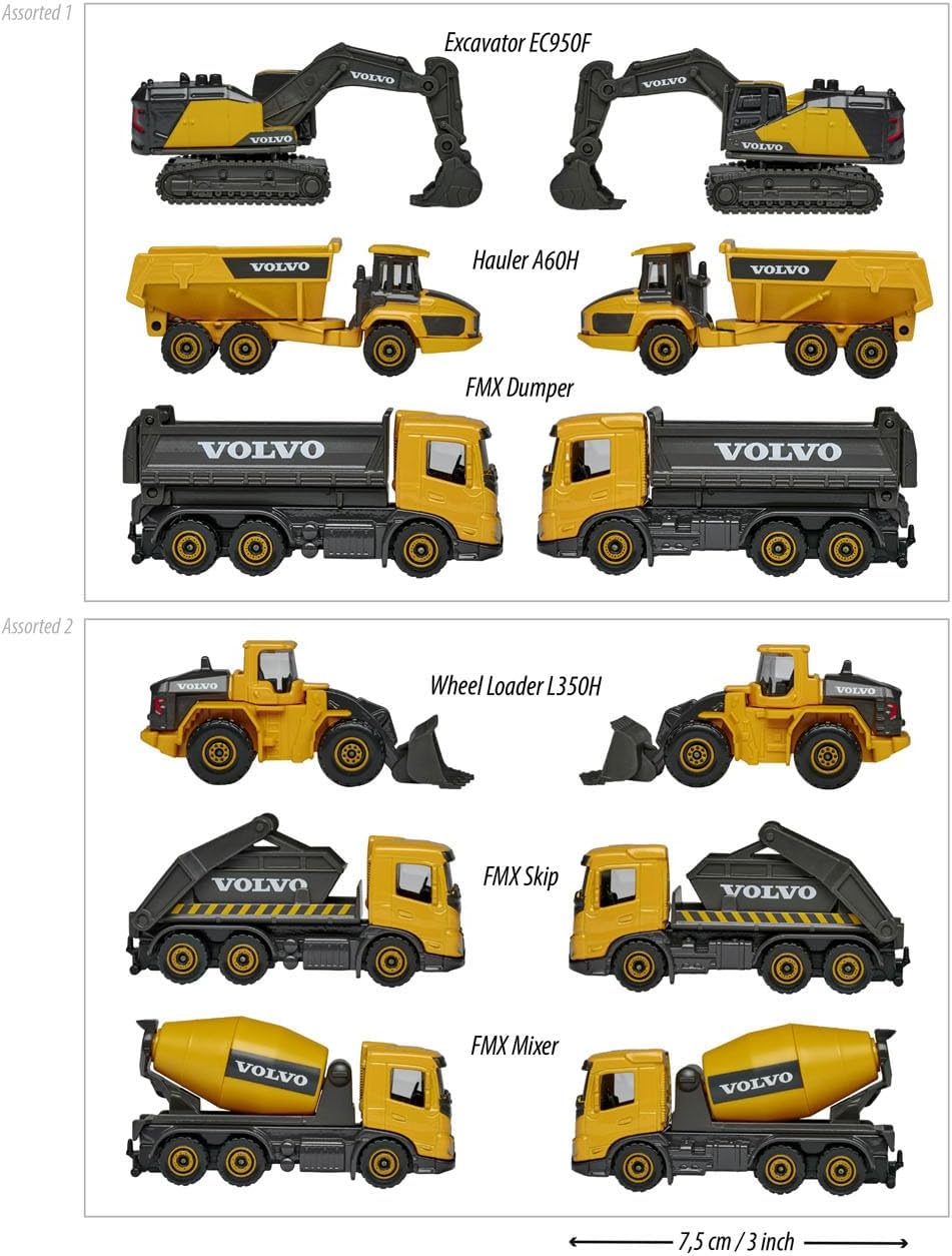 Majorette Volvo Construction Truck Set – 3-Piece Die-Cast Vehicle Collection with Moving Parts for Kids 3+, Realistic Sandpit and Collector’s Toy