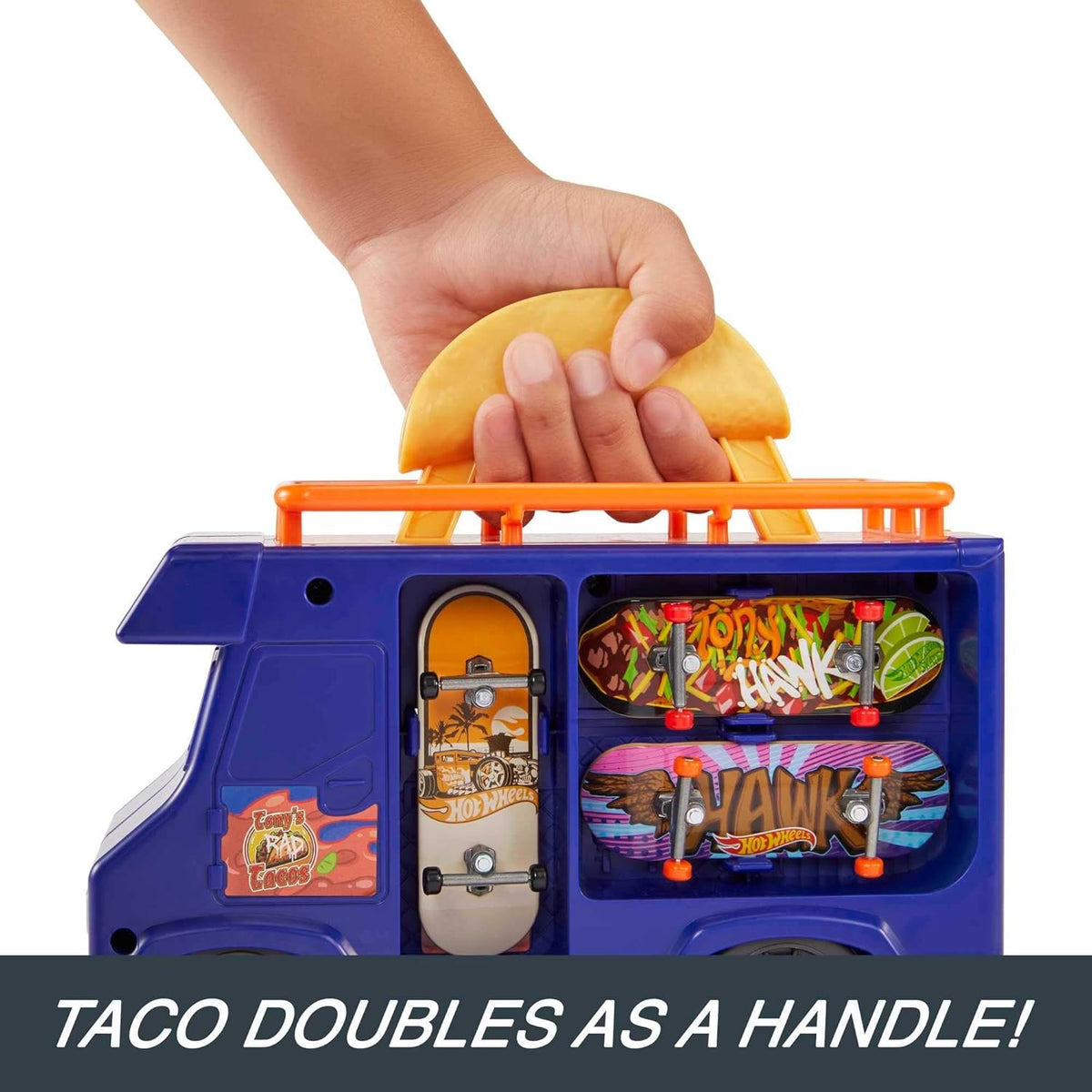 Hot Wheels Skate Taco Truck Play Case with Exclusive Tony Hawk Fingerboard, Skate Shoes, Mobile Skatepark, Storage for Boards and Accessories, Kids Toys for Ages 3 and Up