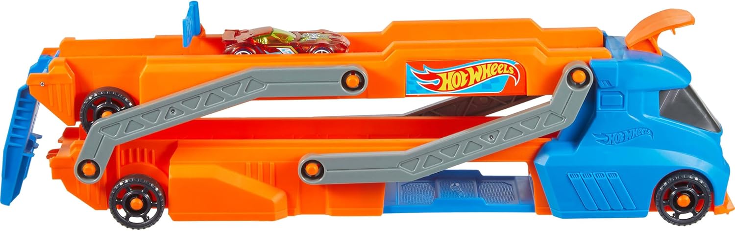 Hot Wheels Speed Track Transporter Truck & Raceway Playset with 1:64 Scale Car, Transforms into 2.5+ Ft Track, Stores 9 Cars, Manual Launcher, Kids Toy 4+