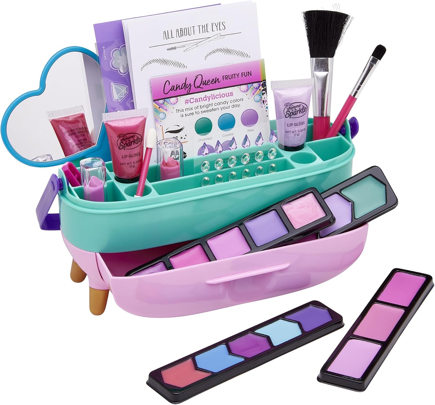 Shimmer N Sparkle All-In-One Beauty Caddy Complete Kit for Kids, Makeup & Styling Set with Colors, Tools, Gems & Practice Pages, Portable Beauty Case for Creative Play – Ages 8+