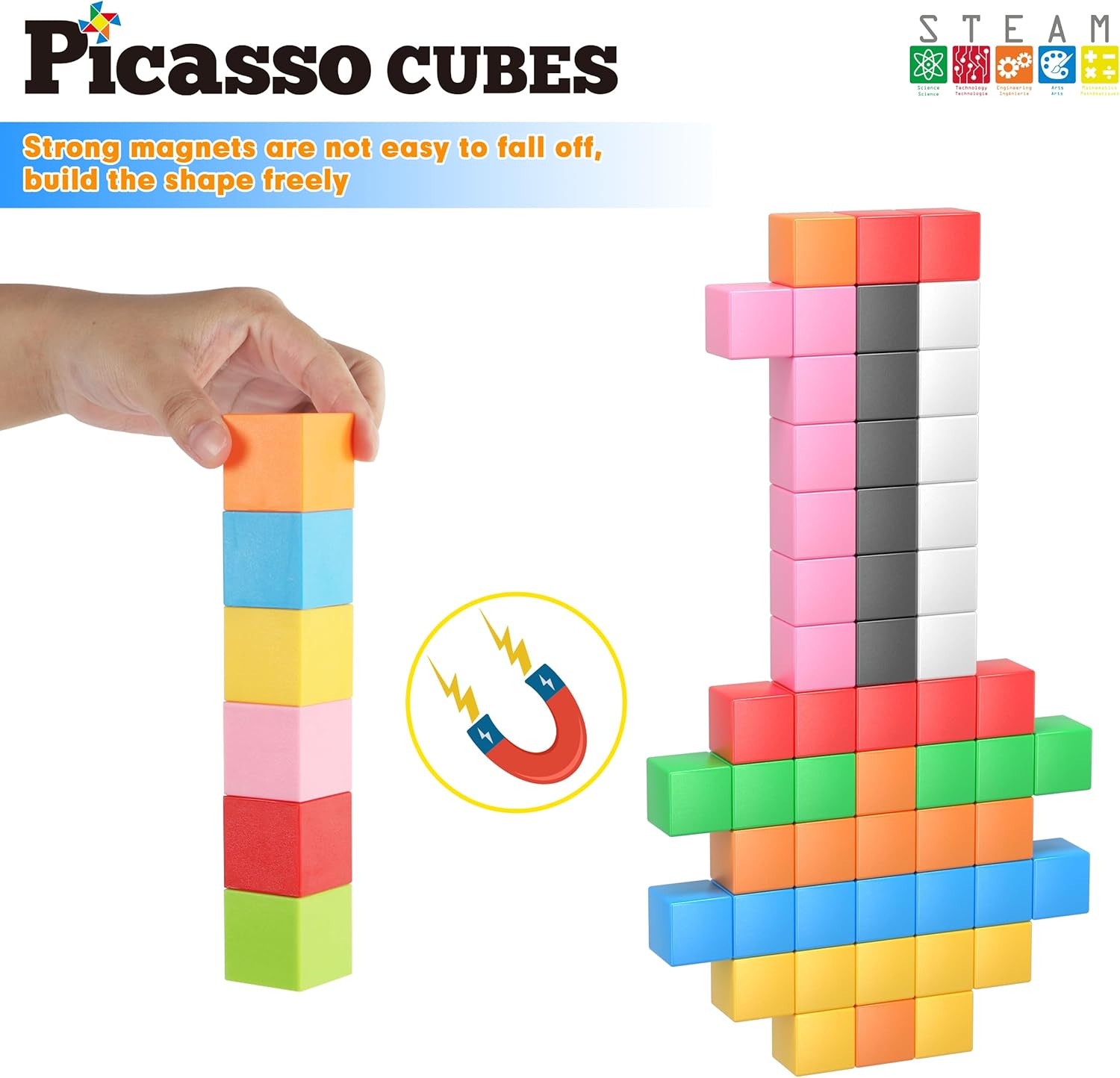 PicassoTiles Magnet Cube Building Blocks 54 Pieces 1.2" 3CM Magnetic Cubes Toy Construction Building Educational Sensory Toys with Idea Booklet for School & Preschool Kids Boys Girls Toddlers PMC301