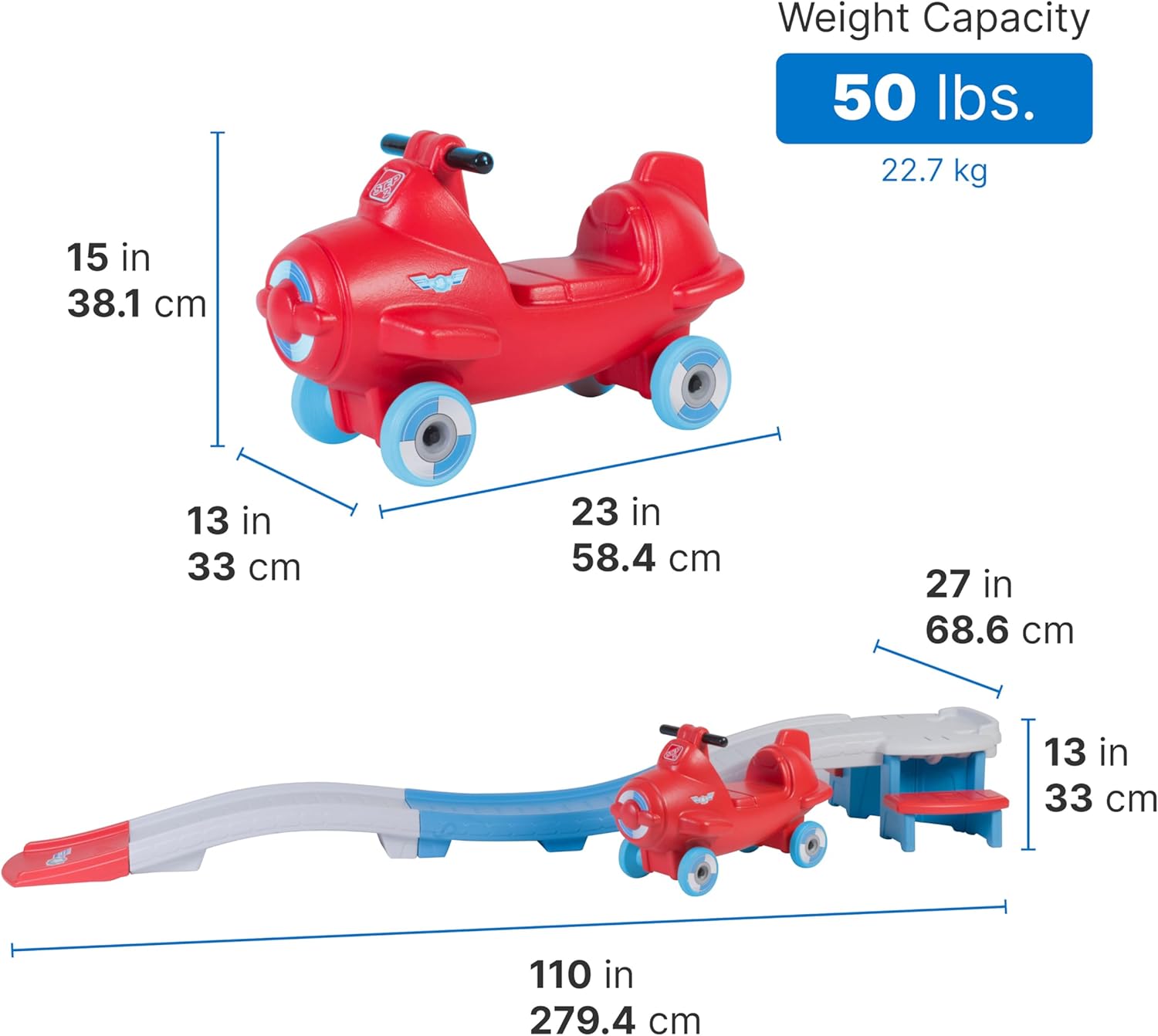 Step2 Sky Rider Up & Down Roller Coaster Ride-On Toy with Airplane Coaster Car, Indoor & Outdoor Playset for Toddlers, Durable Plastic Track, Red, 2+ Years