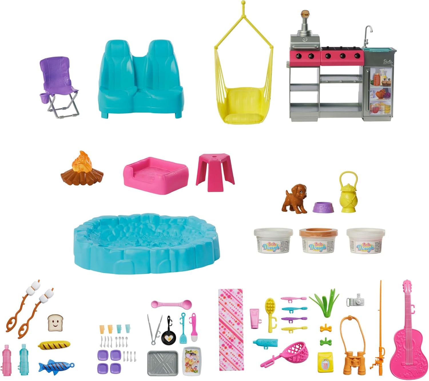 Barbie Dream Camper Playset with Roof Tent, Swing Chair, Fishing Pond, BBQ Grill with Color-Change Feature & 60+ Accessories Including Dough, HRJ78