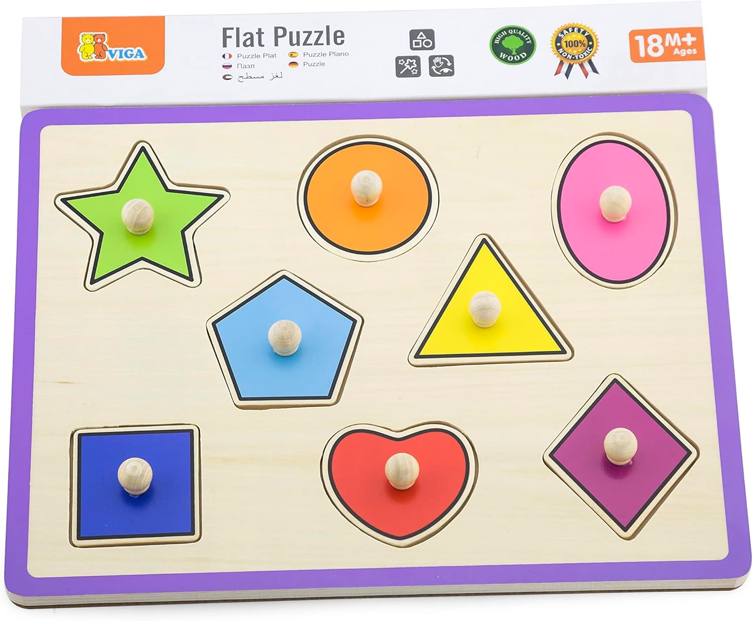 أشكال فيجا، أحجية بمقابض من 8 قطع، لعبة مونتيسوري الخشبية، تنمي المهارات الحسية والإدراكية والحركية الدقيقة، لعبة تعليمية للأطفال غير سامة وصديقة للبيئة، مناسبة للأولاد والبنات من سن 18 شهرًا فما فوق