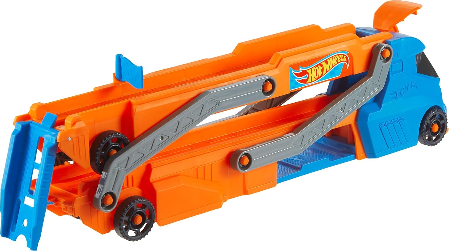 Hot Wheels Speed Track Transporter Truck & Raceway Playset with 1:64 Scale Car, Transforms into 2.5+ Ft Track, Stores 9 Cars, Manual Launcher, Kids Toy 4+