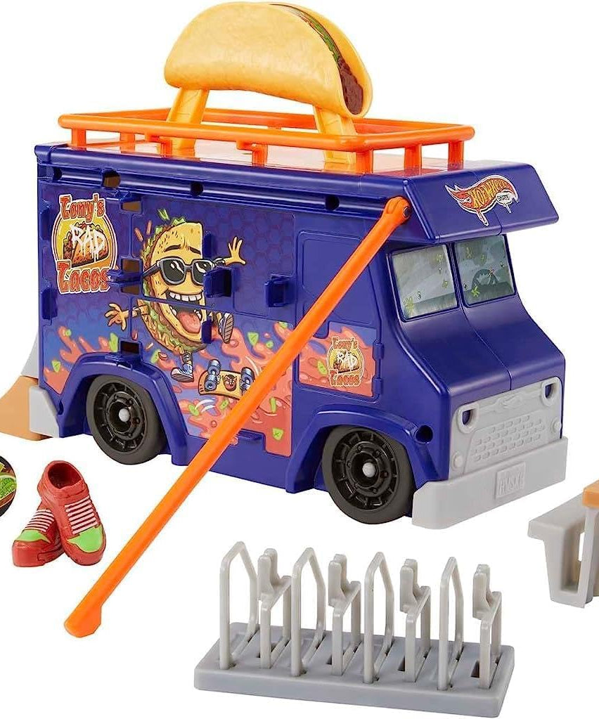 Hot Wheels Skate Taco Truck Play Case with Exclusive Tony Hawk Fingerboard, Skate Shoes, Mobile Skatepark, Storage for Boards and Accessories, Kids Toys for Ages 3 and Up
