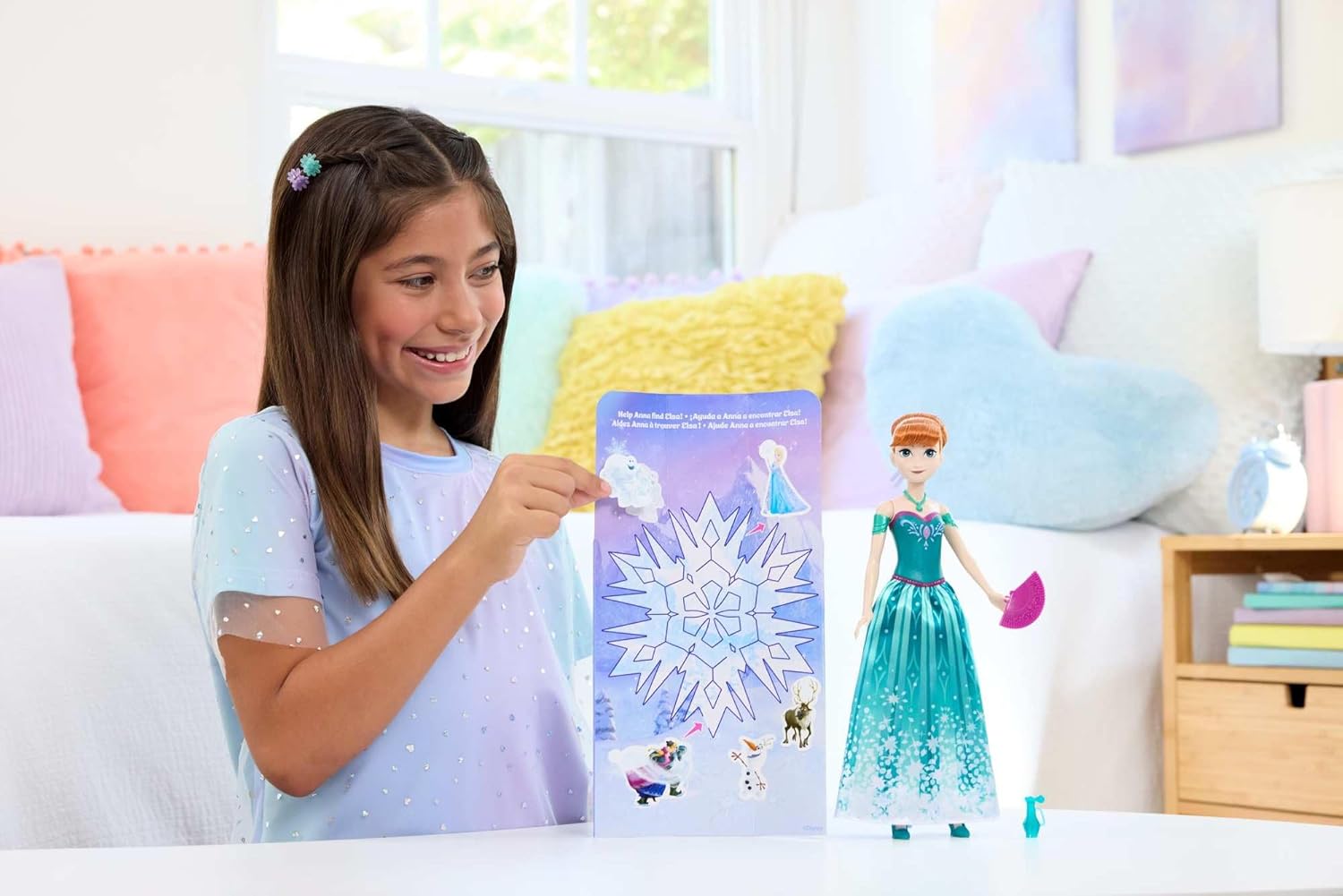 Mattel Disney Frozen Anna Fashion Doll Set Spin & Reveal with 11 Surprises Including 5 Accessories, 5 Stickers and a Play Scene Inspired by Disney Movie JBG60