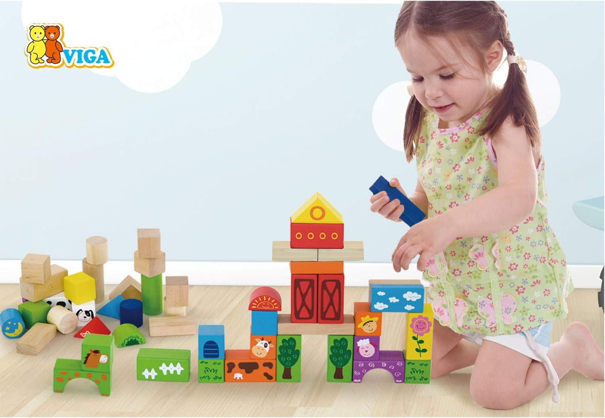 Eitech Viga Wooden Farm Building & Stacking Blocks Tub - 50 Piece - Childrens Construction Toy