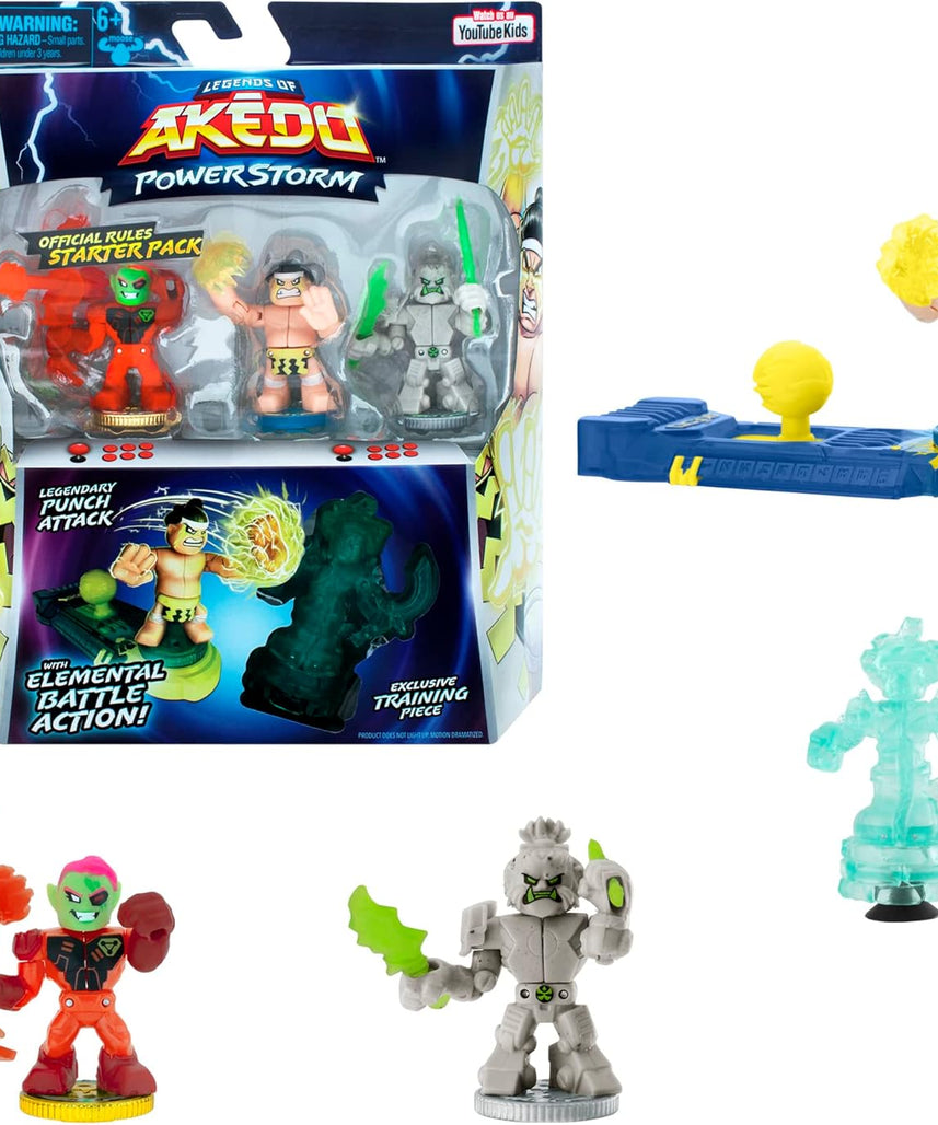مجموعة لعب Moose Toys Akedo Legends of Power Storm ذات القواعد الرسمية للمبتدئين مع 3 محاربين متقاتلين، تمثال حجري للتدريب، ووحدة تحكم عصا تحكم حصرية للأطفال من سن 6 سنوات فما فوق - مجموعات ألعاب