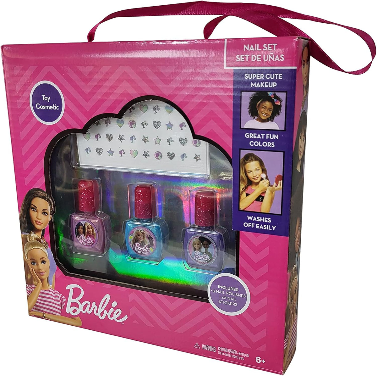 Barbie Nail Polish Set for Girls with 3 Colorful Peel-Off Nail Polishes with Nail Stickers in Carry Bag & Washable Safe Formula, Fun Toy Cosmetic Gift for Kids Ages 6 and Up