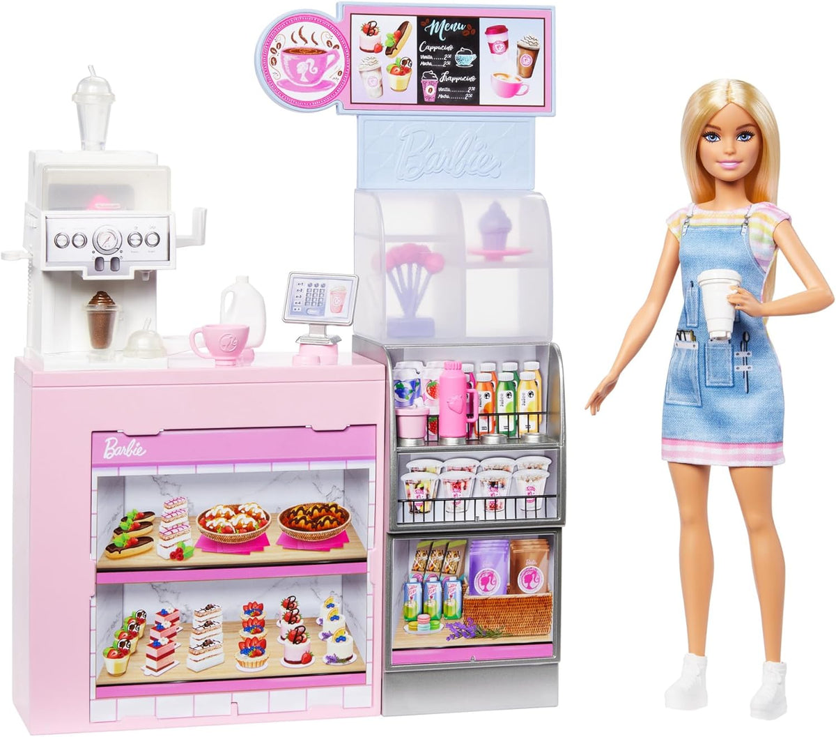 Barbie Naschcafé HXN94 Blonde Barista Doll Playset with Over 12 Accessories Including Coffee Maker/Smoothie Maker, Food and Cups