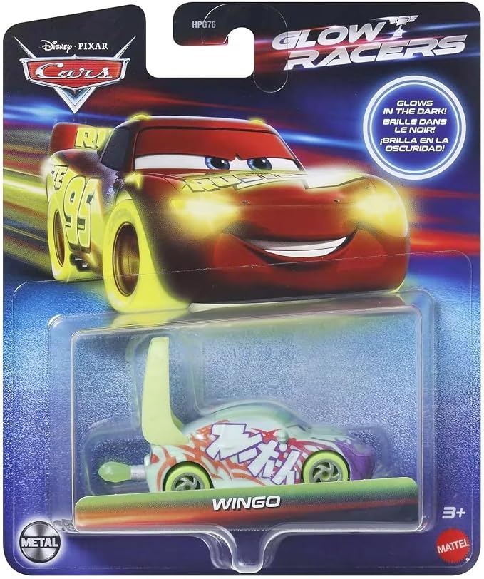 Disney Cars Mattel Glow Racers Glow-in-The-Dark 1:55 Scale Diecast Metal Vehicle Wingo with Flames