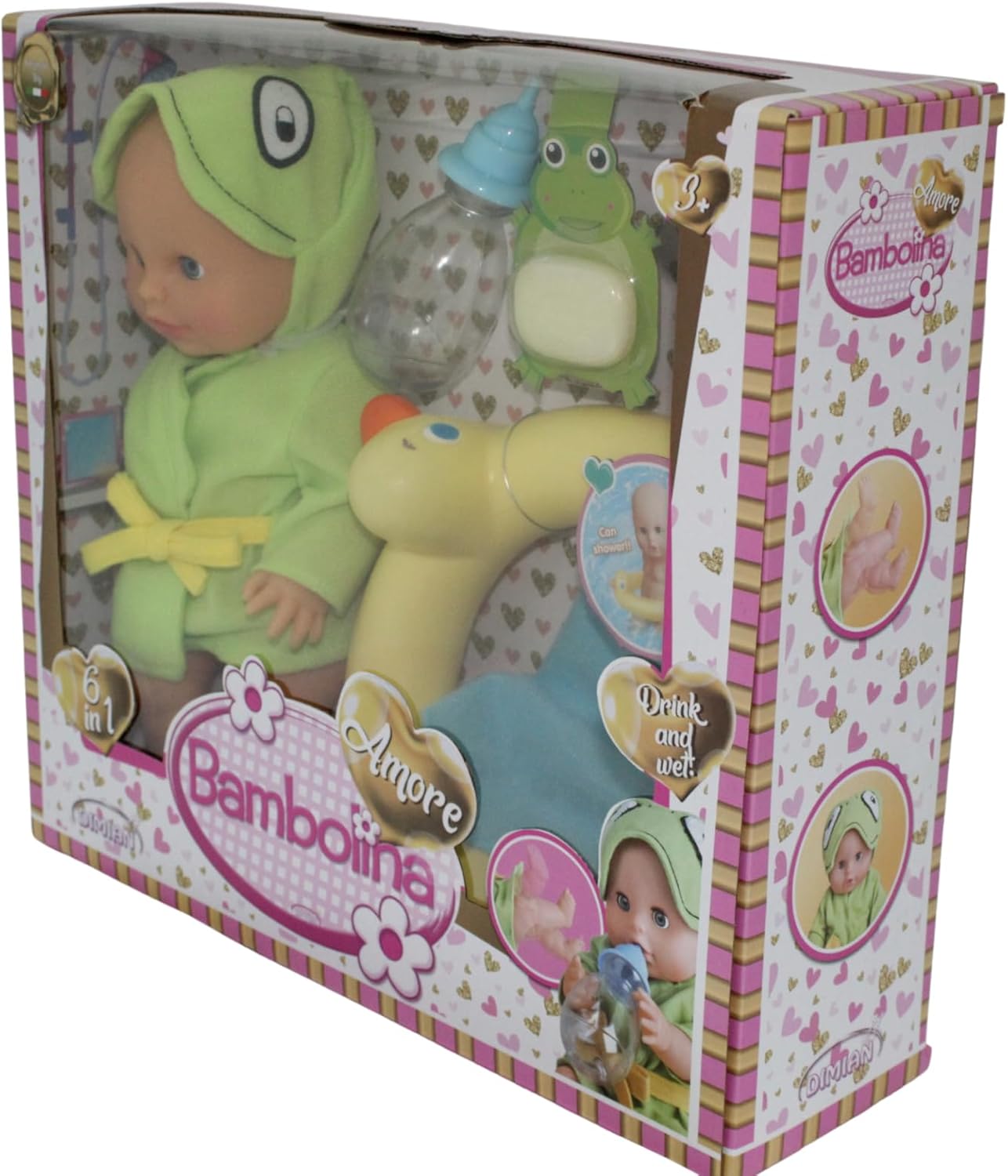 Bambolina Amore 30cm Bath Baby Doll with Vinyl Head, Arms & Legs, Blow Mold Body, Moving Eyes, Molded Hair, Painted Features, Drink and Wet Function, Includes Bathing Set