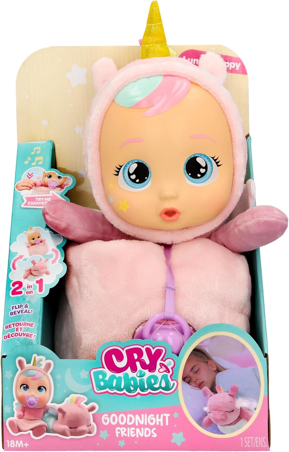 Cry Babies Goodnight Friends Luna and Poppy, 2 In 1, With Light up Wings, 5 Soothing Lullabies, Baby Doll, Pretend Play, Roleplay, 1 Years+