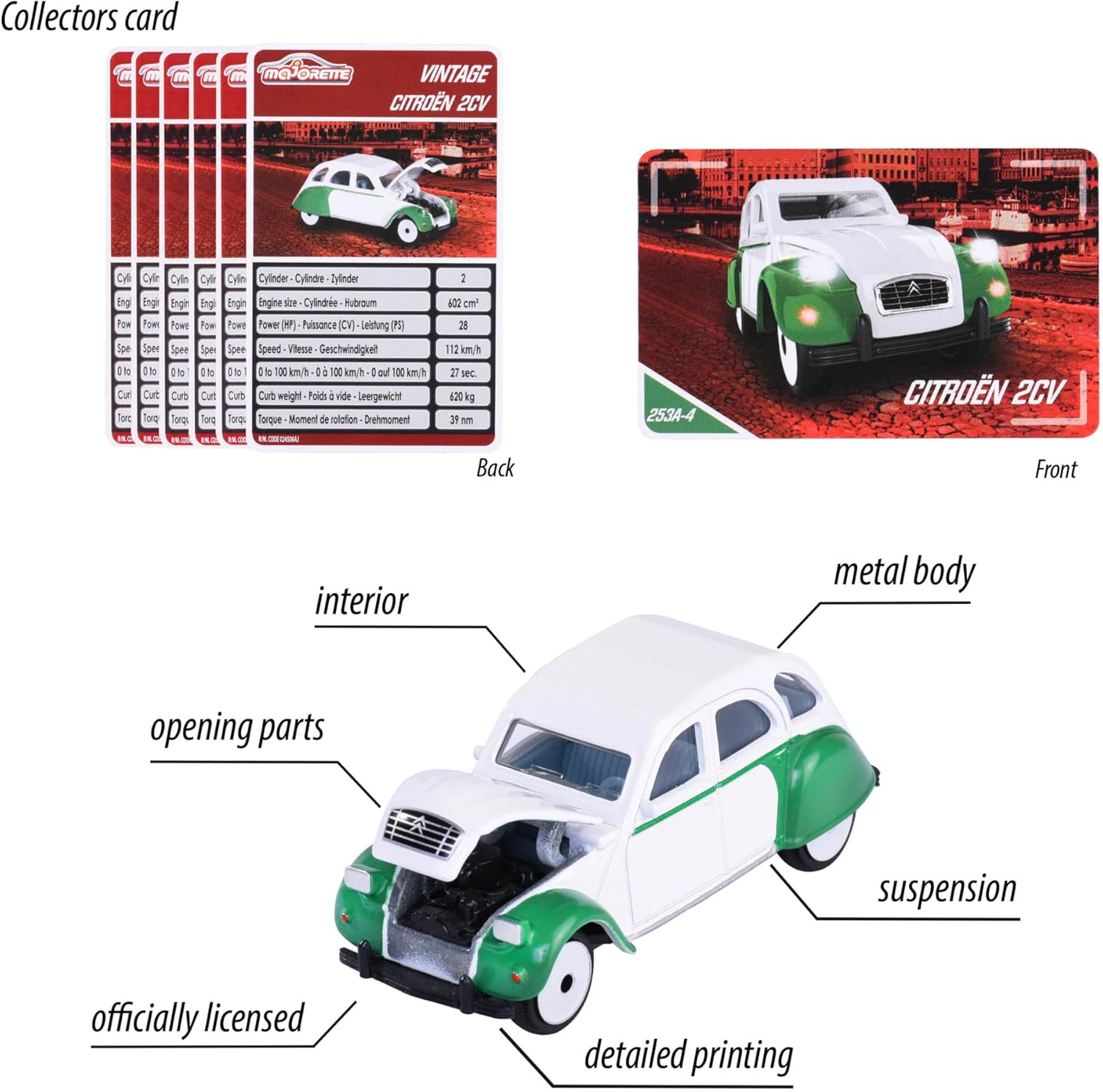 Majorette Citroën 2CV Charleston, Die Cast Toy Car, 1:64 Scale, 3 Inch Collectible Vehicle, Push Car Toy, Kids and Collectors, Ages 3+