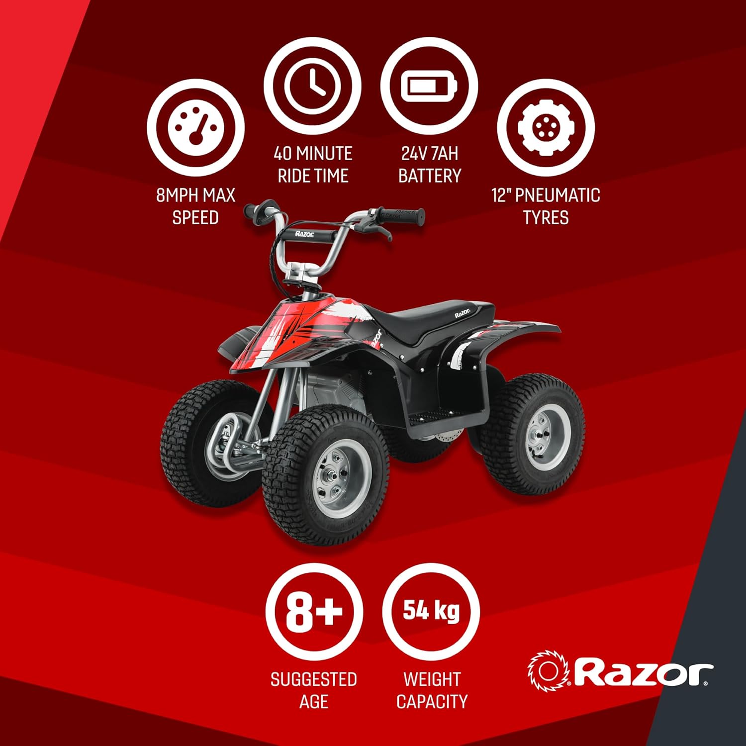 دراجة Razor Dirt Quad الكهربائية رباعية العجلات، بقوة 24 فولت، مناسبة للأطفال من سن 8 سنوات فما فوق، مزودة بخانق دوار، وفرامل قرصية يدوية، وإطارات هوائية 12 بوصة - تصل سرعتها إلى 8 أميال في الساعة، ومدة ركوبها 40 دقيقة.