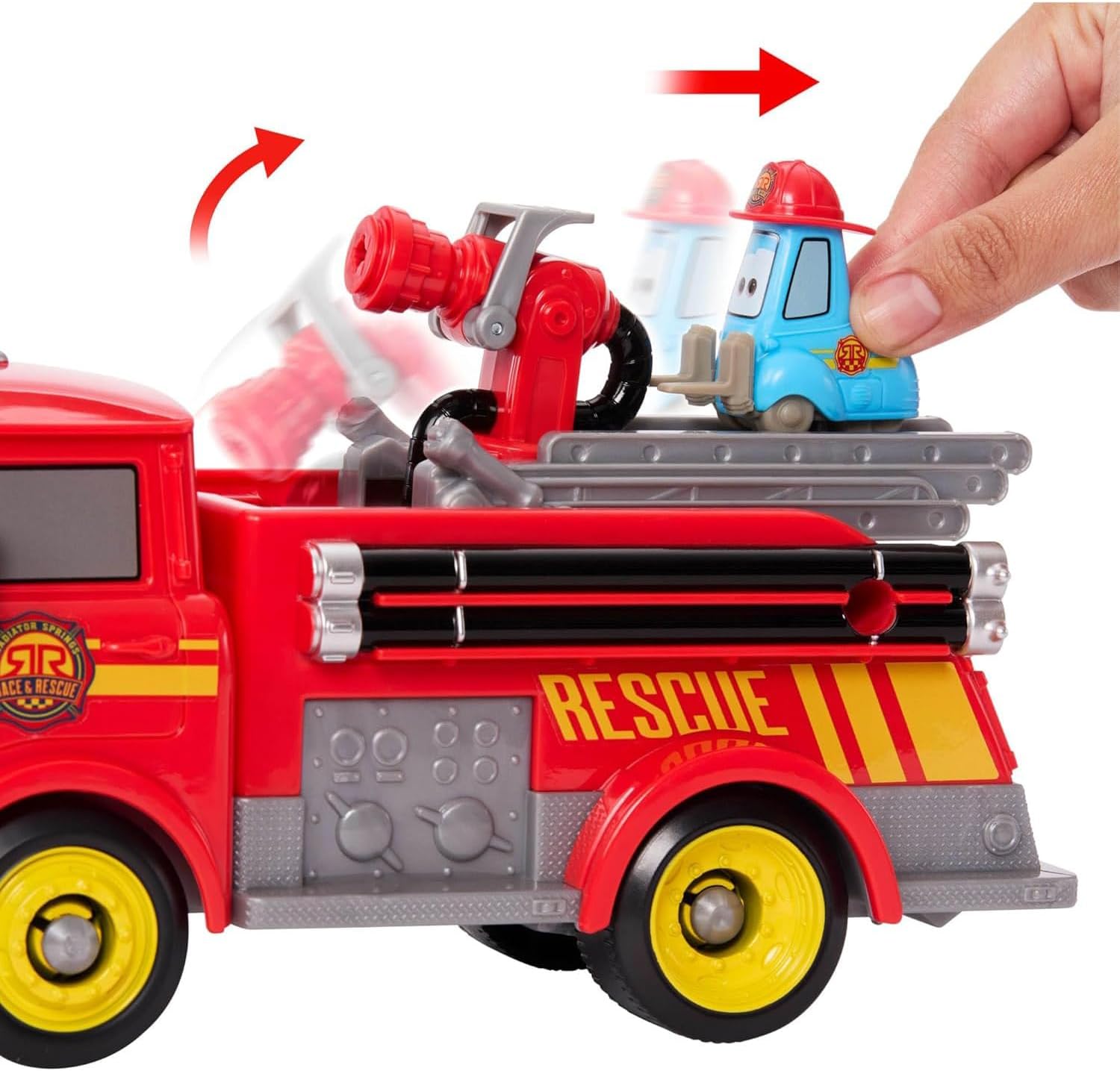 Mattel Disney and Pixar Cars Toy Firetruck, Radiator Springs Race & Rescue Fire Fighting Red & Guido, 2 Plastic Flame Targets & 2 Water Projectiles, JFL54