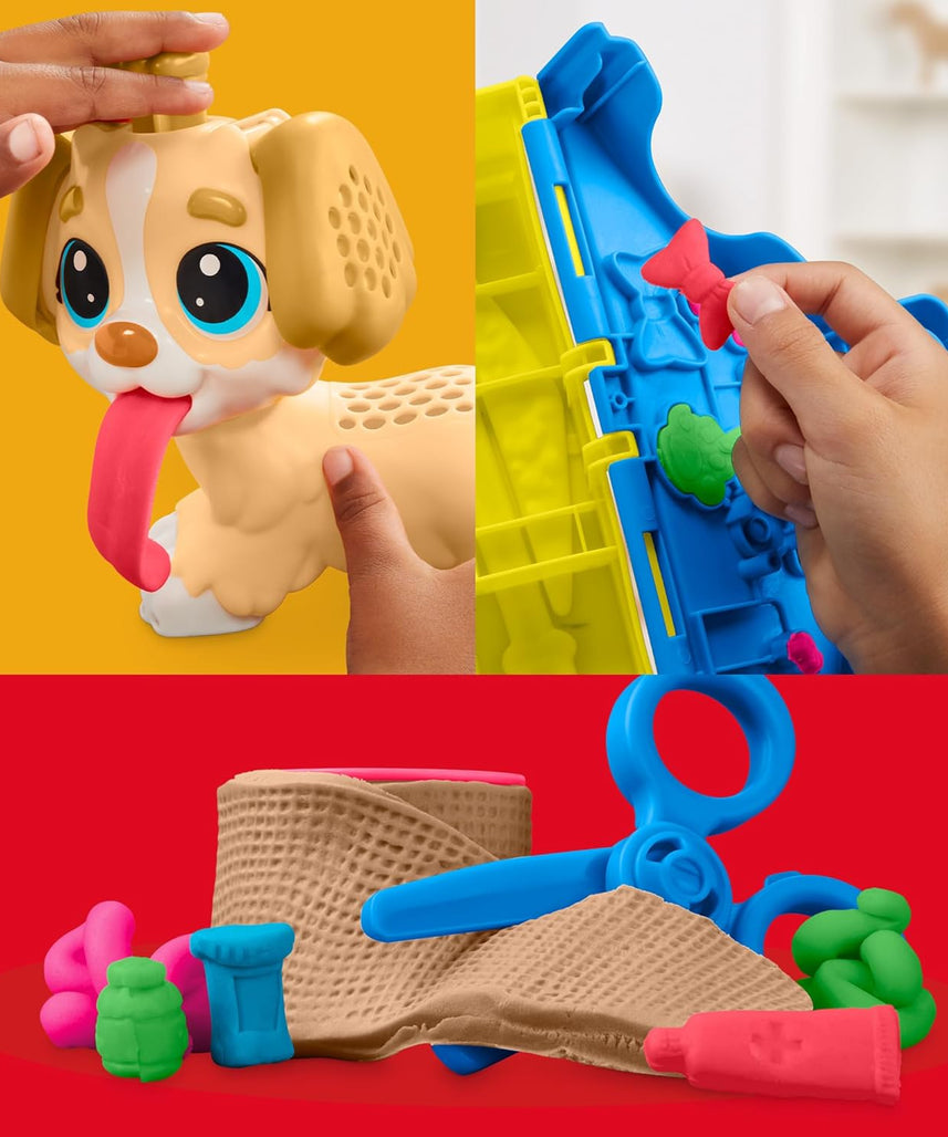 مجموعة لعب بلاي دوه للعناية والحمل البيطري، كلب لعبة، 10 أدوات بيطرية، 5 ألوان مركبة للنمذجة، حامل تخزين، مجموعة أدوات بيطرية تظاهرية، فنون وحرف غير سامة، للأطفال من سن 3 سنوات فما فوق