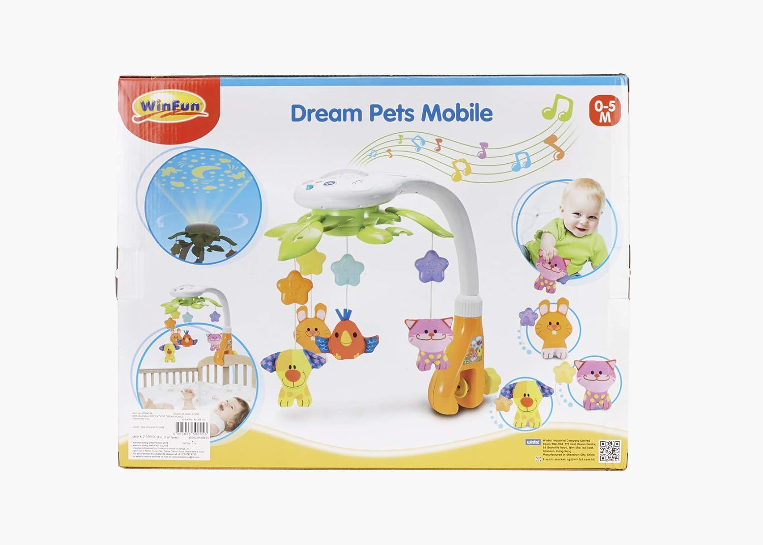 Winfun Dream Pets Musical Baby Mobile, Rotating Ceiling Mount Mobile with Lights, Melodies and Projection, Developmental Baby Toy for Newborns 0M+
