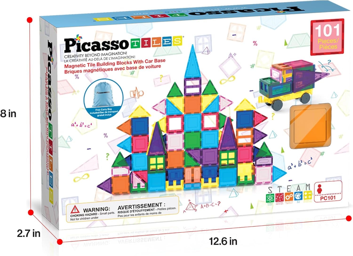 PicassoTiles 101pc Magnetic Tile Building Blocks with Car Base Drawstring Carry Toy Storage Bag Magnetized Block for Kids Magnet ToySet Educational STEM Learning Child Brain Development Ages 3+ PC101