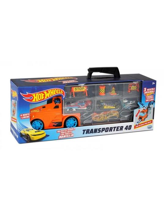 Hot Wheels Transporter 40, Two Sided Folding Carry Case with Practical Handle and Car Slide, Includes 3 Original Vehicles and Road Signs, Freewheel Operation, Durable Plastic, Orange, Toy Car Storage and Playset for Kids Ages 3 and Up - Assorted