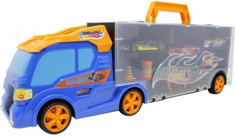 Hot Wheels Transporter 40, Two Sided Folding Carry Case with Practical Handle and Car Slide, Includes 3 Original Vehicles and Road Signs, Freewheel Operation, Durable Plastic, Orange, Toy Car Storage and Playset for Kids Ages 3 and Up - Assorted