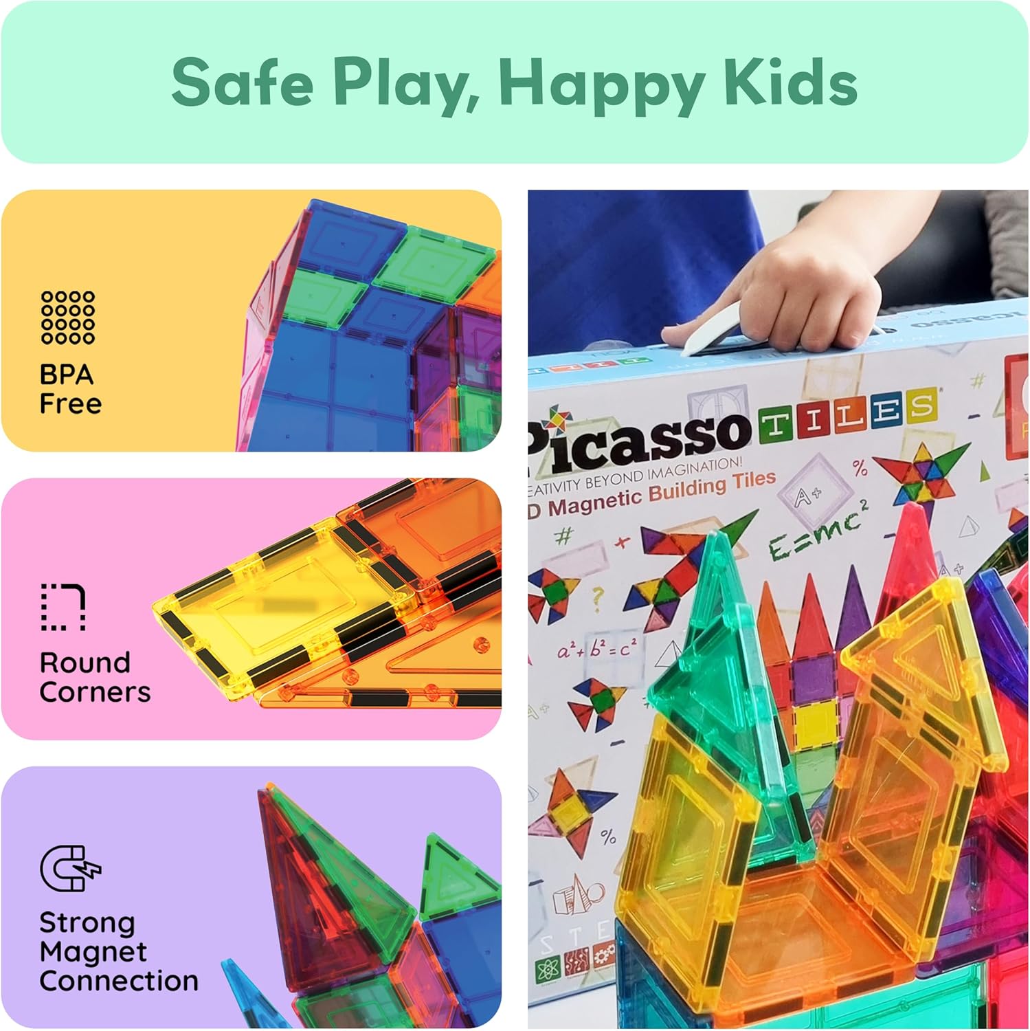 PicassoTiles 100 Piece Magnetic Playboards Tiles Set Magnet Toys for Toddlers STEM Building Blocks Sensory Creative Kids Manipulative Preschool learning Construction Toy ages 3+ Boys Girls - PT100