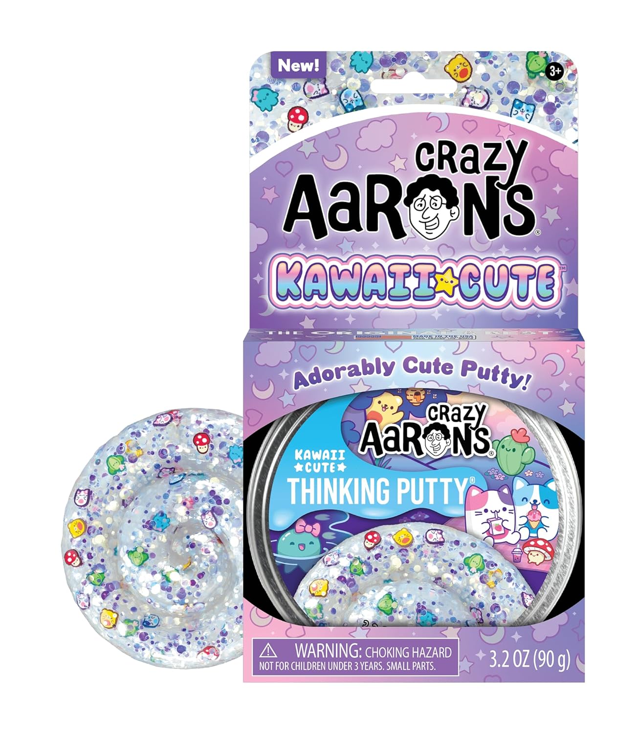 Crazy Aaron’s Trendsetters Kawaii Cute Thinking Putty, Clear Non-Sticky Sensory Putty with Color-Shifting Purple & Silver Glitter, Includes Kawaii Pieces, 90g Tin, Kids Sensory Toy, Ages 3+