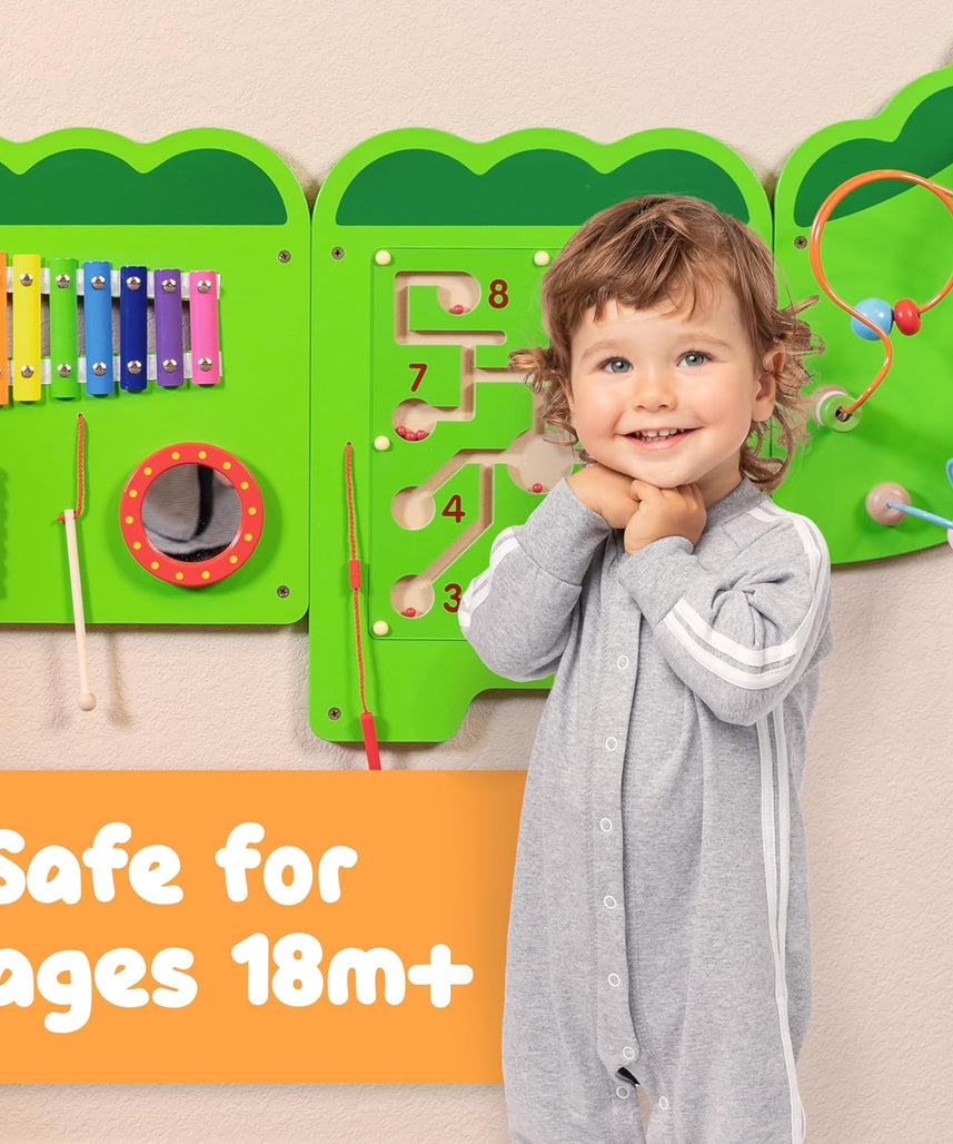 لوحة أنشطة التمساح الكبيرة من فيجا، لعبة حائط خشبية مونتيسوري 5 في 1، لوحة تعلم حسية لتنمية المهارات العقلية والحركية، لعبة تعليمية صديقة للبيئة، للأولاد والبنات من عمر 18 شهرًا فما فوق