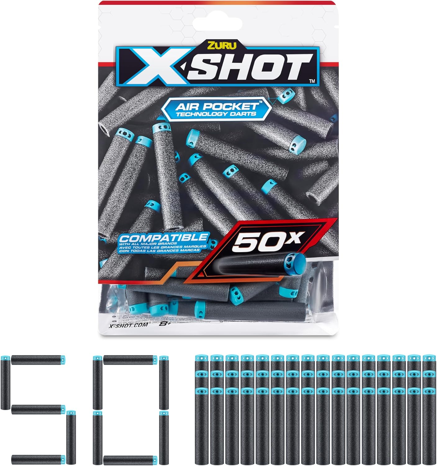 Zuru XSHOT Foam Dart Refill Pack of 50, Compatible with Nerf Blasters, Air Pocket Technology, Lightweight Durable Soft Bullet Ammunition for Boys, Age 8+