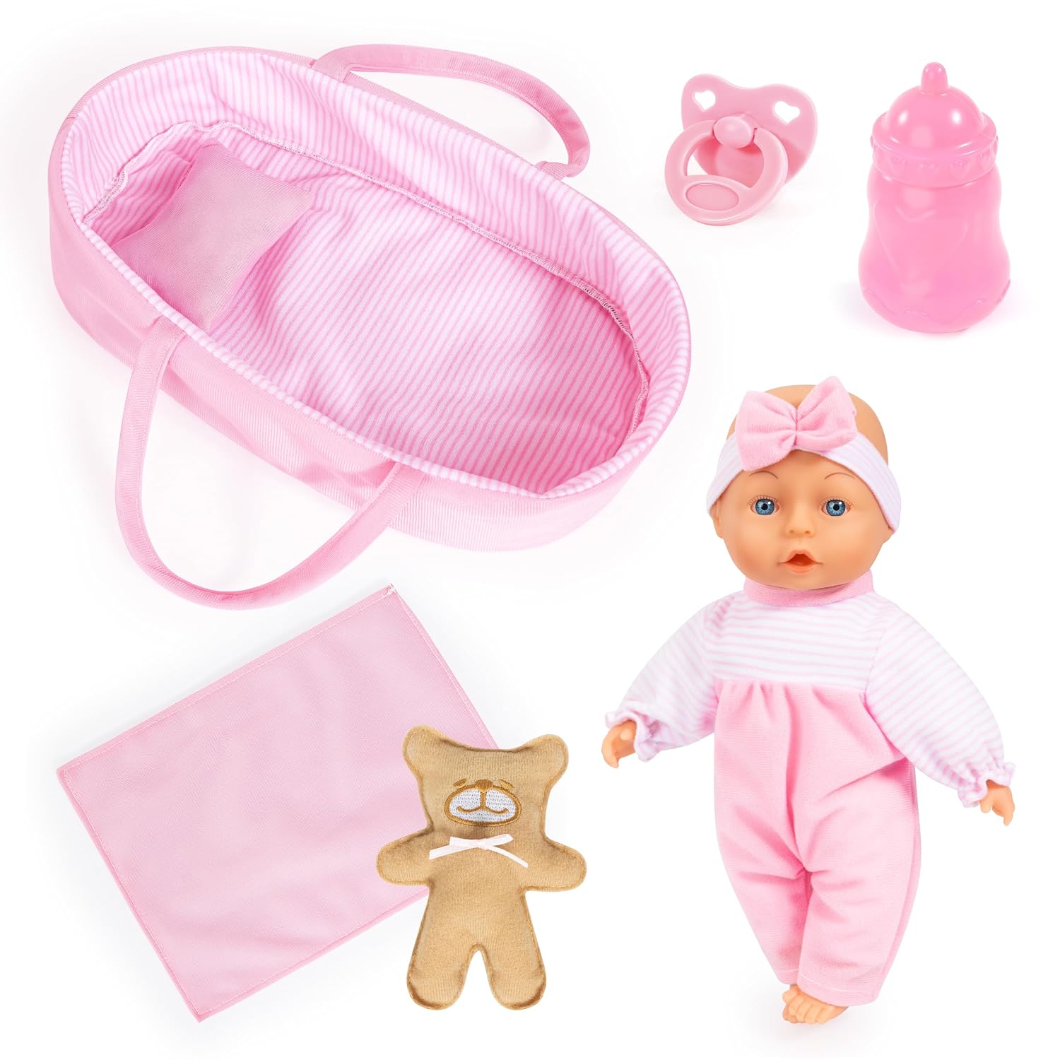Bayer Baby Doll Basket Set 28cm with Soft Doll, Carrier, Blanket, Pillow, Bottle, Teddy, Role Play Toy for Kids, 3Y+ Years