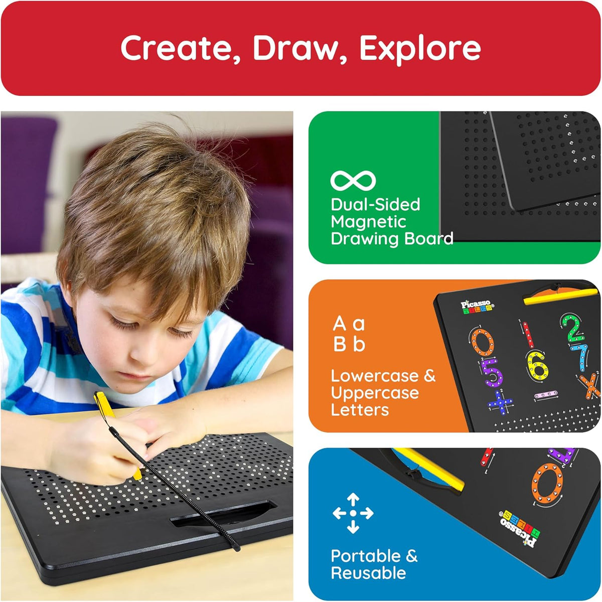 PicassoTiles 2-in-1 Double Sided Magnetic Alphabet Board ABC A-Z Upper Case Capital and Lowercase Letter Writing Reading Playboard 12x10 inch Large Magnet Tablet Pad Open-Ended Learning Playset PTB03