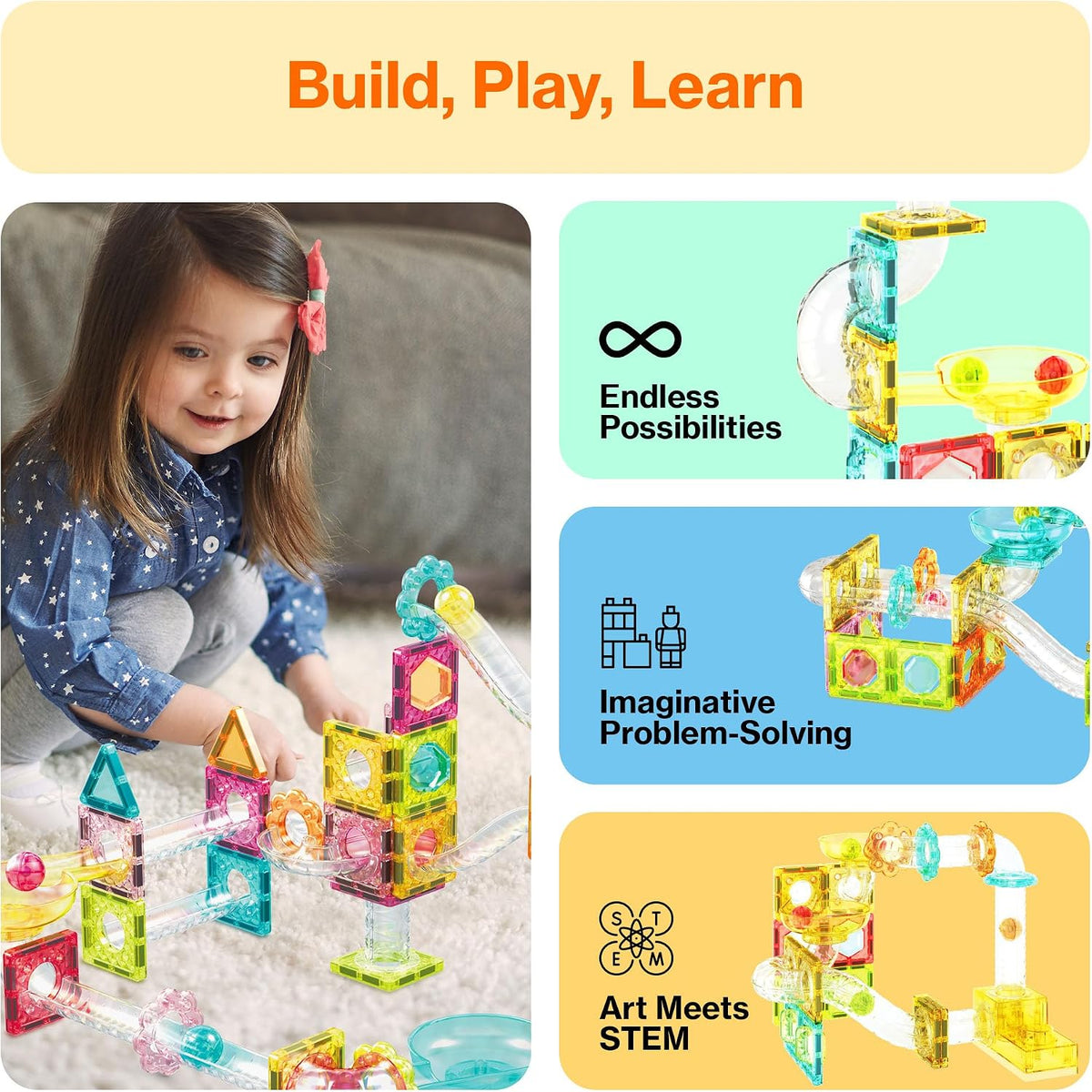 PicassoTiles 60 pc Magnet Tiles Building Block Travel Size Magnetic Marble Run Construction Toy Set Mini Diamond Marble RaceTrack Building Blocks Playset Education STEM Learning Kit Boy Girl 3+ PTMG60